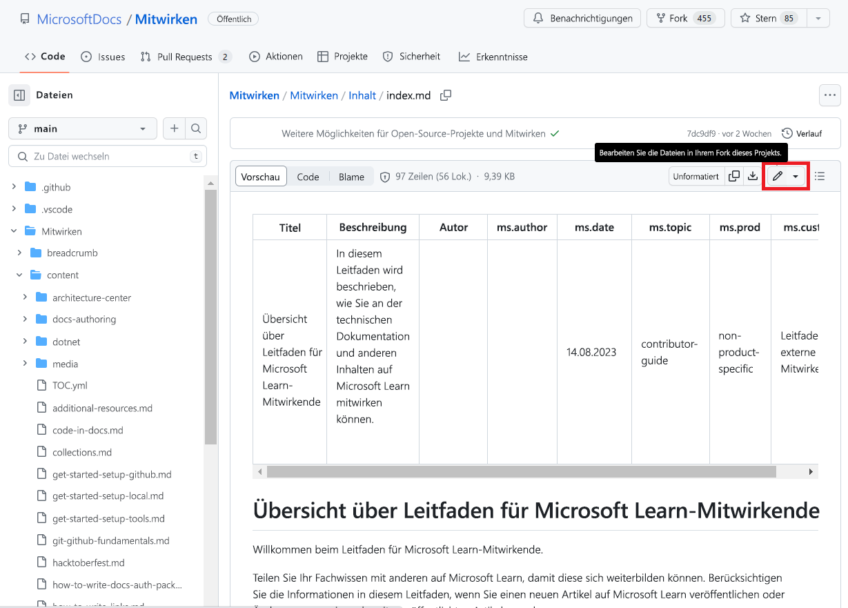 Screenshot der in einem Browser geöffneten Quelldatei des Artikels zum Mitwirken, bei dem das Bearbeitungssymbol hervorgehoben ist.