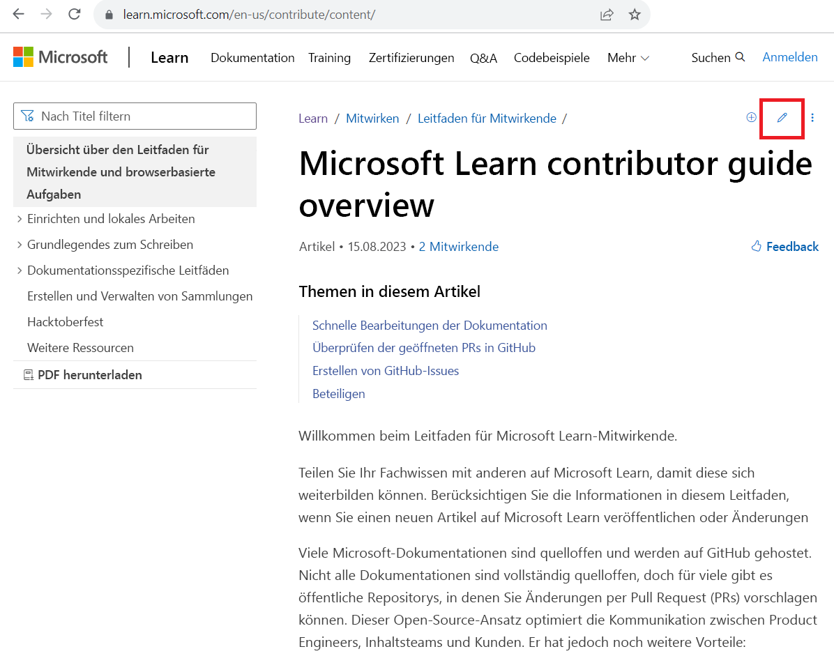 Screenshot des geöffneten Beitrags zum Mitwirken, auf dem das Bearbeitungssymbol (Bleistift) hervorgehoben ist.