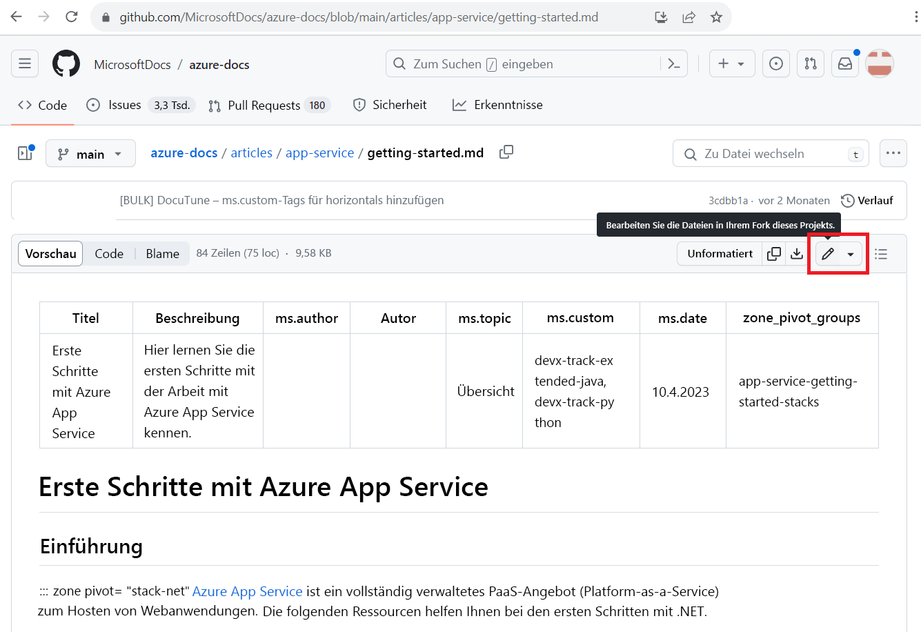 Screenshot der GitHub-Quelldatei für einen Dokumentationsartikel. Das Stiftsymbol zum Bearbeiten ist hervorgehoben.