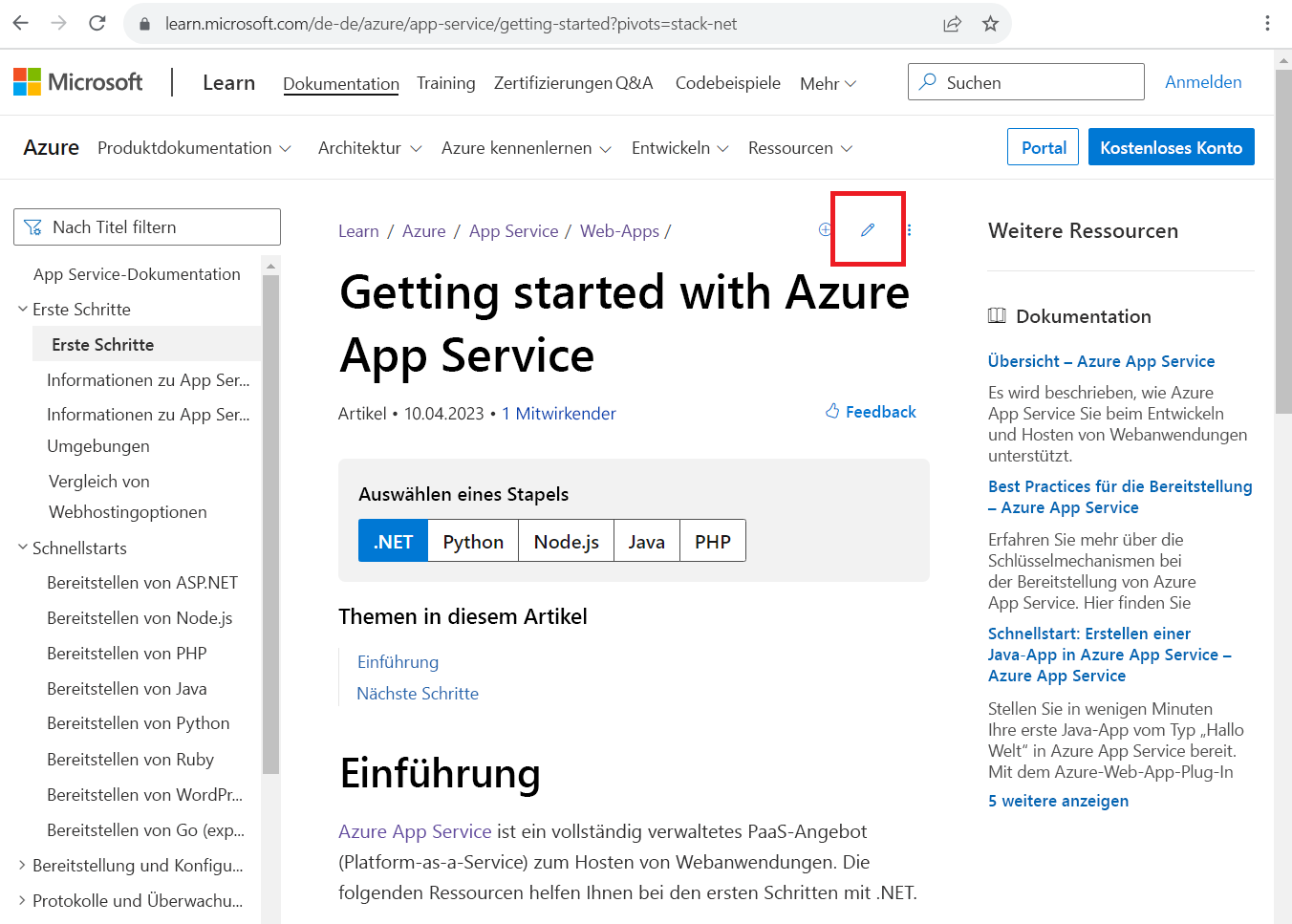 Screenshot eines Microsoft Learn-Dokumentationsartikels mit hervorgehobenem Stiftsymbol zum Bearbeiten.