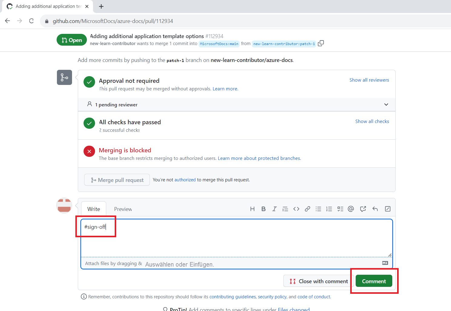 Screenshot: Kommentarfeld für eine PR; #sign-off ist in das Kommentarfeld eingegeben, und die Kommentar-Schaltfläche ist hervorgehoben.