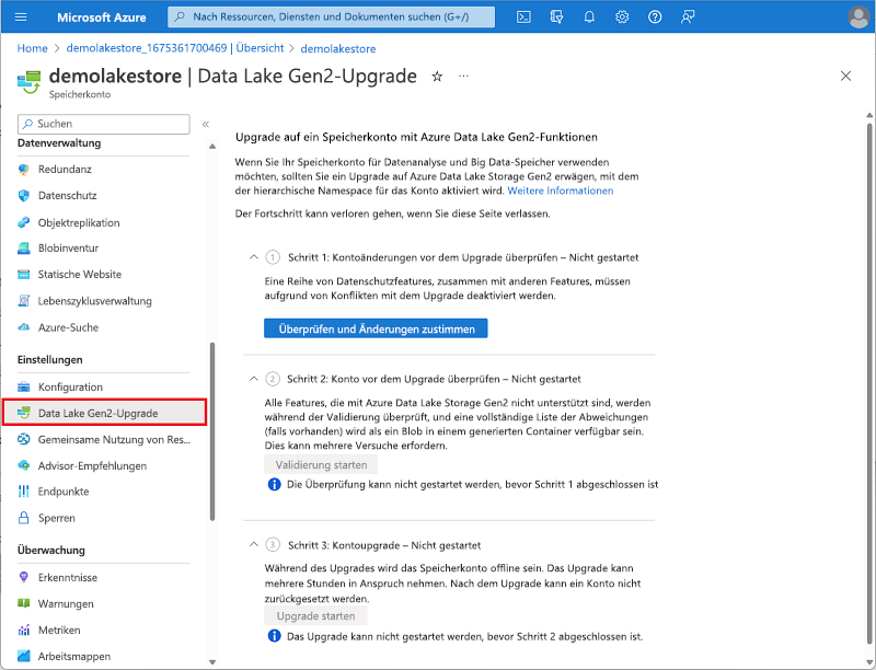 Screenshot: Erweiterte Einstellungen für die Erstellung eines Storage-Kontos