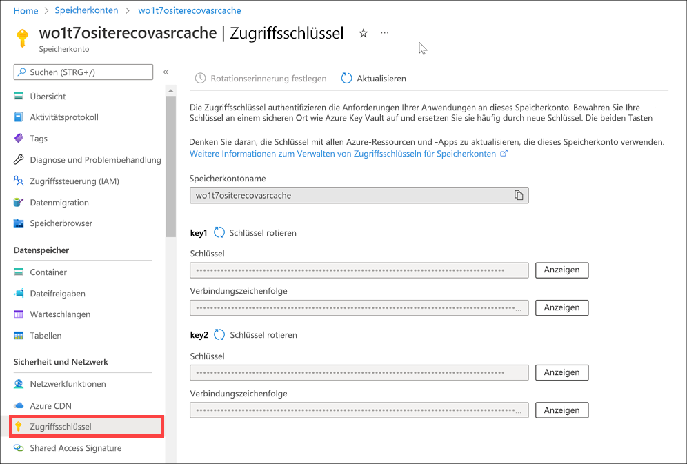 Screenshot von Zugriffsschlüsseln im Azure-Portal