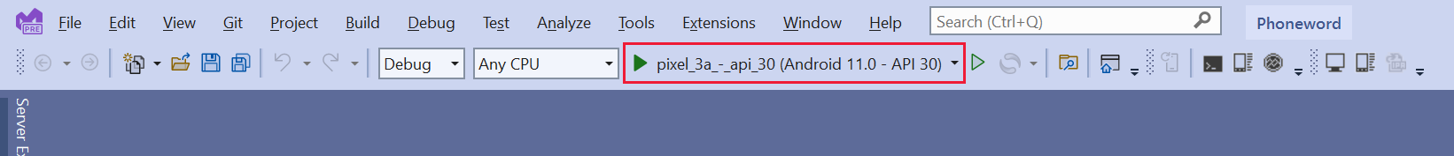 Screenshot der Visual Studio-Symbolleiste. Er zeigt, dass das Profil „Pixel 3a API 30“ ausgewählt ist und zum Debuggen verwendet werden kann, sobald der Benutzer die Schaltfläche „Wiedergabe“ auswählt.