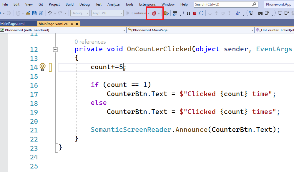 Ein Screenshot der Visual Studio-Symbolleiste. Die Schaltfläche „Hot Reload“ ist hervorgehoben.