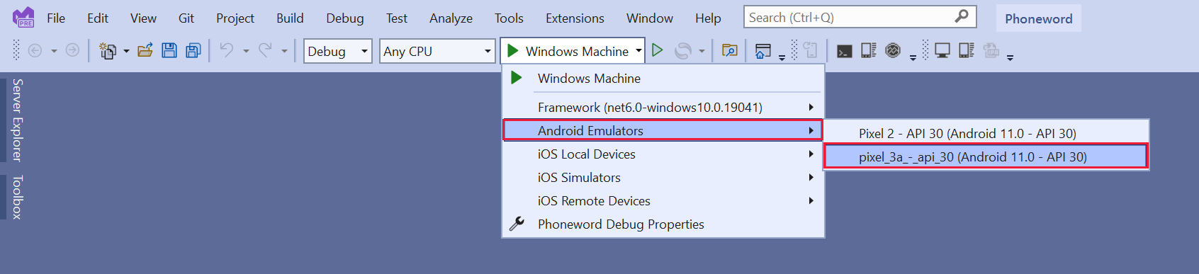 Screenshot der Visual Studio-Symbolleiste. Der Benutzer hat das Pixel 3 mit dem API 30-Profil für den Android-Emulator angegeben, mit dem das Debuggen gestartet werden soll.