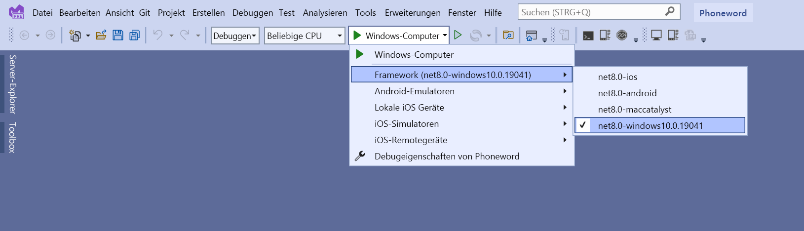 Screenshot der Dropdownliste für die Zielruntime in Visual Studio. Der Benutzer legt das Profil „Windows-Computer“ als Startprofil für die Projektmappe fest.