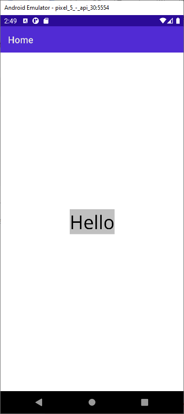 Screenshot einer auf einem Android-Gerät gerenderten Beschriftung, auf der in der Mitte das Wort „Hello“ auf einem silberfarbenen Hintergrund zu sehen ist.