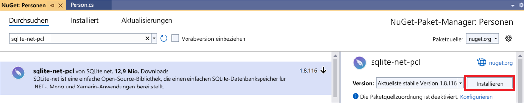 Screenshot des NuGet-Paket-Managers mit ausgewählter Sequel-Net-Light-PCL-Bibliothek.