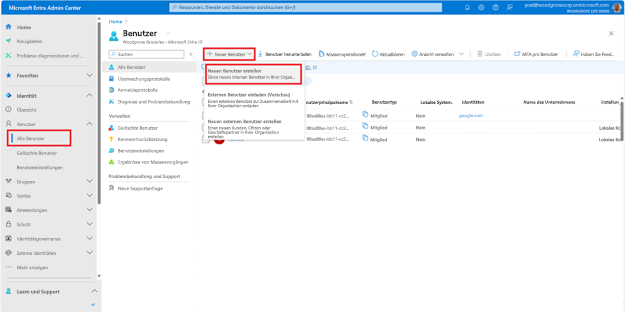 Screenshot: Blatt „Benutzer“ mit hervorgehobener Schaltfläche „Neuer Benutzer“ und hervorgehobener Option „Neuen Benutzer erstellen“ im Dropdownmenü, mit der Sie einen neuen internen Benutzer in Ihrer Organisation erstellen können