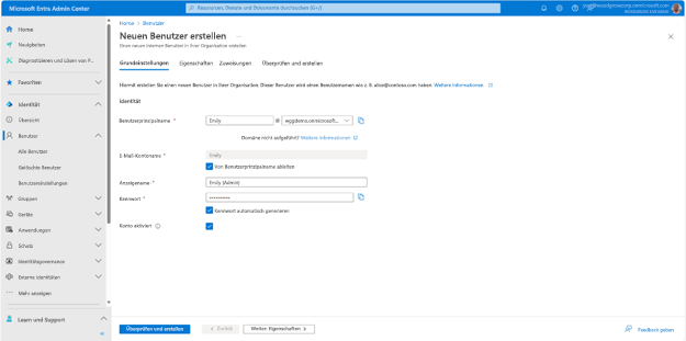 Screenshot: Blatt „Neuen Benutzer erstellen“, auf dem die erforderlichen Felder „Benutzerprinzipalname“, „E-Mail-Kontoname“, „Anzeigename“ und „Kennwort“ ausgefüllt sind