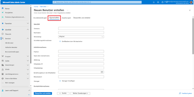 Screenshot: Blatt „Neuen Benutzer erstellen“, auf dem eine der Registerkarten mit dem Titel „Eigenschaften“ in der Navigation im Assistenten ausgewählt ist Es zeigt Eigenschaften wie Vorname, Nachname und andere Informationen zum Benutzer an, die ausgefüllt werden können.