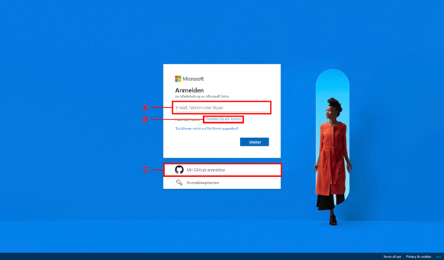 Screenshot der Anmeldung, um mit Microsoft Entra fortzufahren, drei Rechtecken und Linien, die von jedem Rechteck zu den Bezeichnungen A, B und C führen, markieren die Optionen.