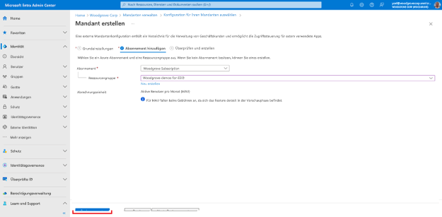 Screenshot: Navigation im Assistenten zum Erstellen von Mandanten mit ausgewähltem zweitem Schritt „Abonnement hinzufügen“. Das Abonnement und die Ressourcengruppe sind ausgefüllt.