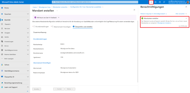 Screenshot: Auf der rechten Seite geöffneter Bereich „Benachrichtigungen“ mit dem neuesten Aktivitätsprotokoll namens „Mandanten erstellen“, das bestätigt, dass die Mandantenerstellung erfolgreich war.