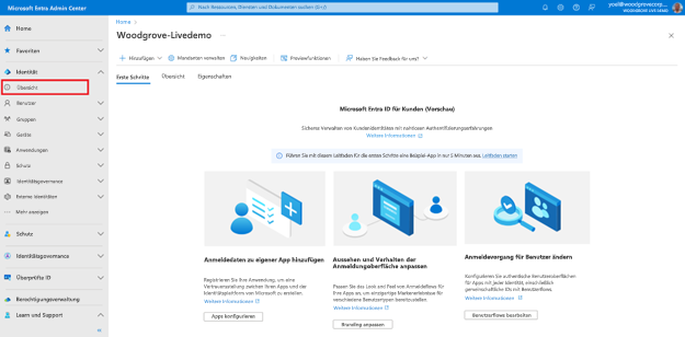 Screenshot: Seite „Identitätsübersicht“ mit hervorgehobener Option „Übersicht“ auf der Seitenleiste