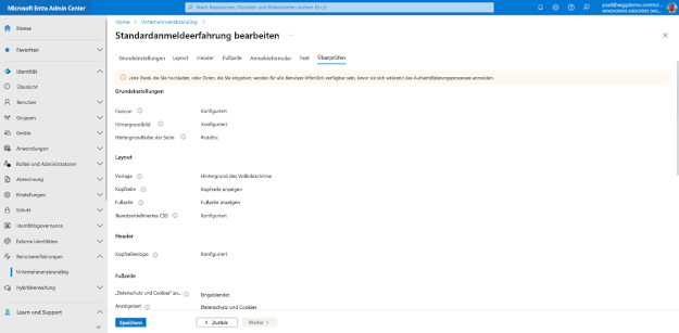 Screenshot: Registerkarte „Überprüfen“ des Blatts „Standardanmeldeerfahrung bearbeiten“ mit einer Übersicht über die Konfiguration für „Allgemeine Informationen“, „Layout“, „Kopfzeile“ und „Fußzeile“