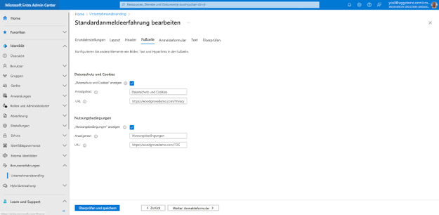 Screenshot: Bearbeiten der Registerkarte „Fußzeile“ des Blatts „Standardanmeldeerfahrung bearbeiten“ mit Feldern zum Anpassen des Anzeigetexts und der URL für Datenschutz und Cookies sowie für die Nutzungsbedingungen