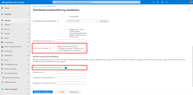 Screenshot: Unterer Bereich der Registerkarte „Anmeldeformular“ des Blatts „Standardanmeldeerfahrung bearbeiten“ mit hervorgehobenem Feld zum Anpassen des Texts für die Anmeldeseite und aktiviertem Kontrollkästchen zum Anzeigen der Self-Service-Kennwortzurücksetzung