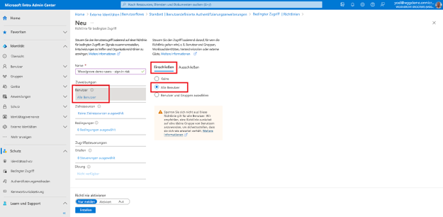 Screenshot: Blatt „Neue Richtlinie für bedingten Zugriff“ mit hervorgehobenem Bereich „Benutzer“ und ausgewähltem Optionsfeld „Alle Benutzer“ auf der Registerkarte „Einschließen“