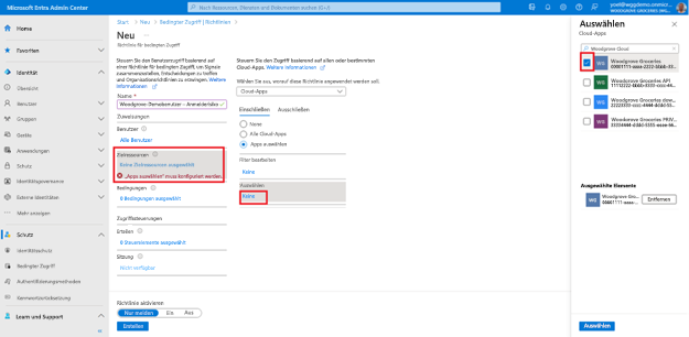 Screenshot: Blatt „Neue Richtlinie für bedingten Zugriff“ mit hervorgehobener Option „Zielressourcen“ auf der Registerkarte „Einschließen“. Im offenen Bereich „Cloud-Apps auswählen“ auf der rechten Seite wird die App „Woodgrove Groceries“ ausgewählt.