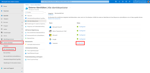 Screenshot: Blatt „Externe Identitäten | Alle Identitätsanbieter“ mit einem hervorgehobenen Link „Konfigurieren“ neben der Option „Facebook“ in der Liste der Identitätsanbieter