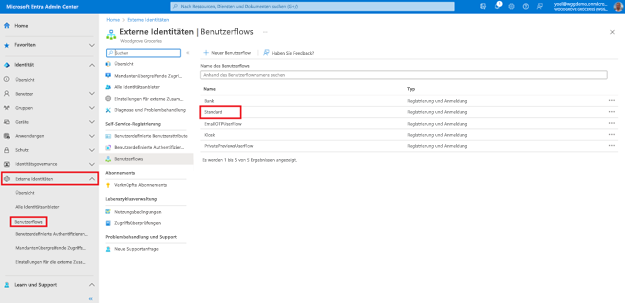 Screenshot: Blatt „Externe Identitäten | Benutzerabläufe“ mit hervorgehobenem Benutzerablauf „Standard“ aus der Liste