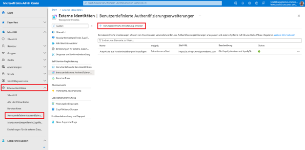 Screenshot: Blatt „Benutzerdefinierte Authentifizierungserweiterungen“ unter „External Identities“ mit hervorgehobener Schaltfläche „Benutzerdefinierte Erweiterung erstellen“ auf der Symbolleiste