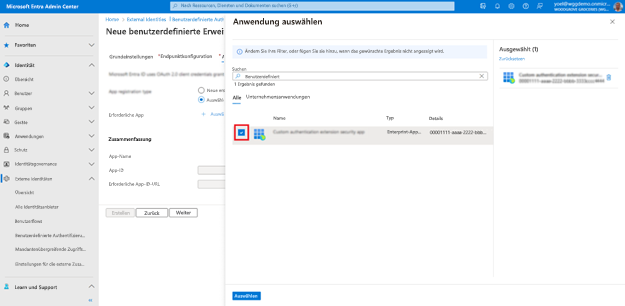 Screenshot: Auf der rechten Seite geöffneter Bereichs „Anwendung auswählen“ mit hervorgehobener ausgewählter Anwendung „Sicherheits-App für benutzerdefinierte Authentifizierungserweiterungen“