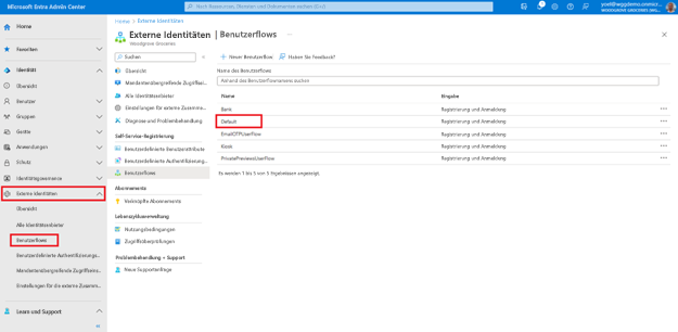 Screenshot: Blatt „External Identities | Benutzerflows“ mit hervorgehobenem Benutzerflow „Standard“ in der Liste der Benutzerflows