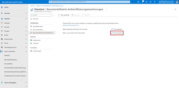 Screenshot: Blatt „Benutzerdefinierte Authentifizierungserweiterungen“ für den Benutzerflow „Standard“ mit hervorgehobener Schaltfläche „Bearbeiten“ neben „Wenn ein Benutzer seine Informationen übermittelt“