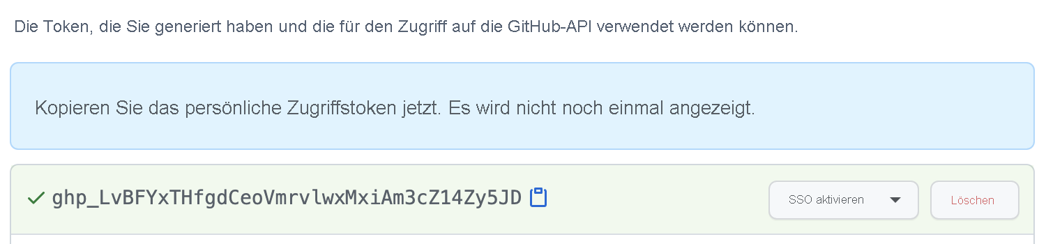 Screenshot: Beispiel für ein persönliches Zugriffstoken in GitHub