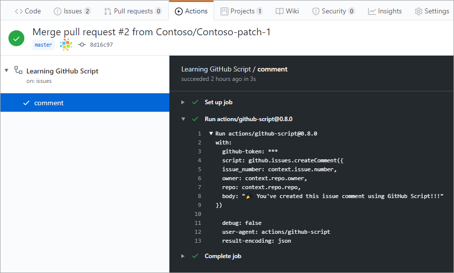 Screenshot eines fertiggestellten Workflows mit Verwendung von GitHub Script