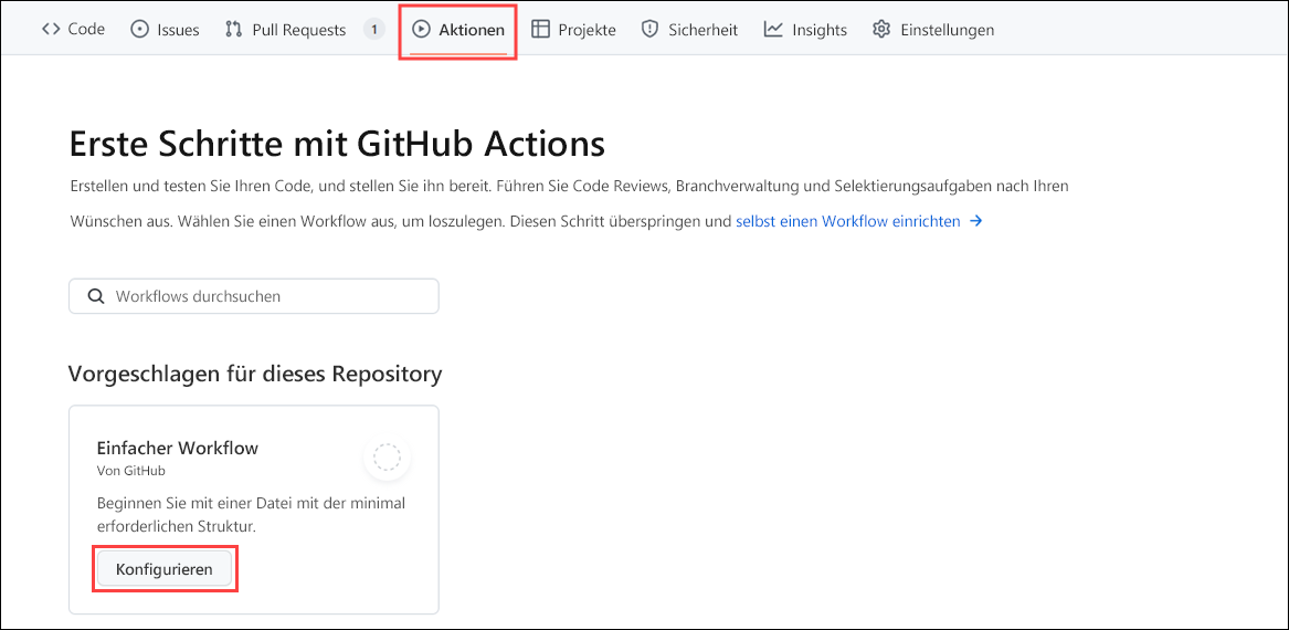 Screenshot der Registerkarte *Actions* in GitHub Actions mit einem einfachen Workflow und einer Schaltfläche zum Einrichten des Workflows