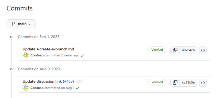 Screenshot: Liste von GitHub-Commits auf einen Mainbranch.