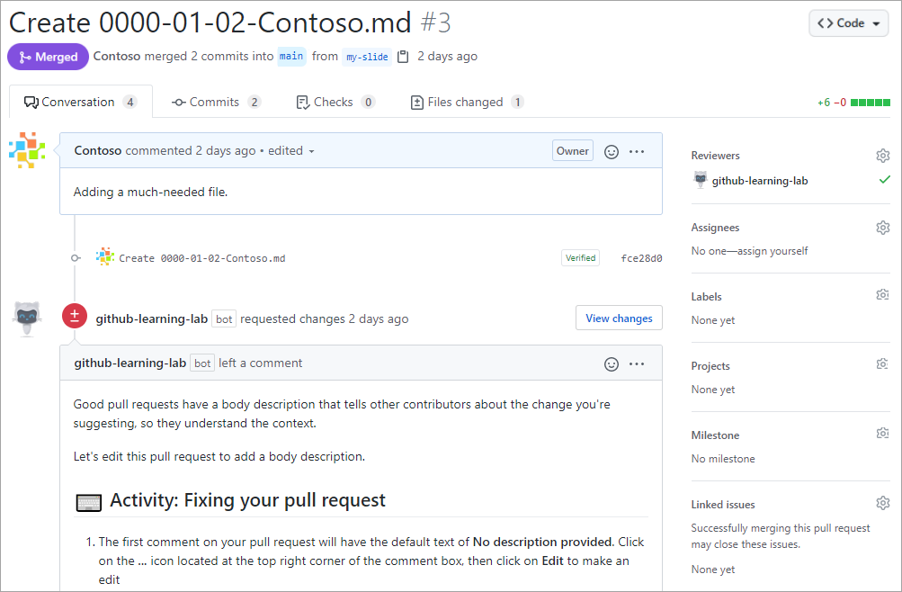 Screenshot: Pull Request und ein Kommentar innerhalb der Pull Request.