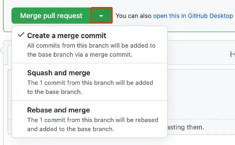 Screenshot des Dropdownmenüs der grünen Pull Request-Schaltfläche mit ausgewähltem Commit zum Erstellen eines Seriendrucks.