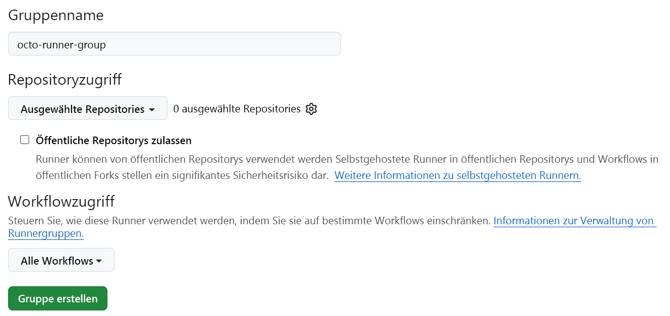 Screenshot: Bildschirm „Neue Gruppe“ mit Gruppennamenbeispiel für alle Repositorys