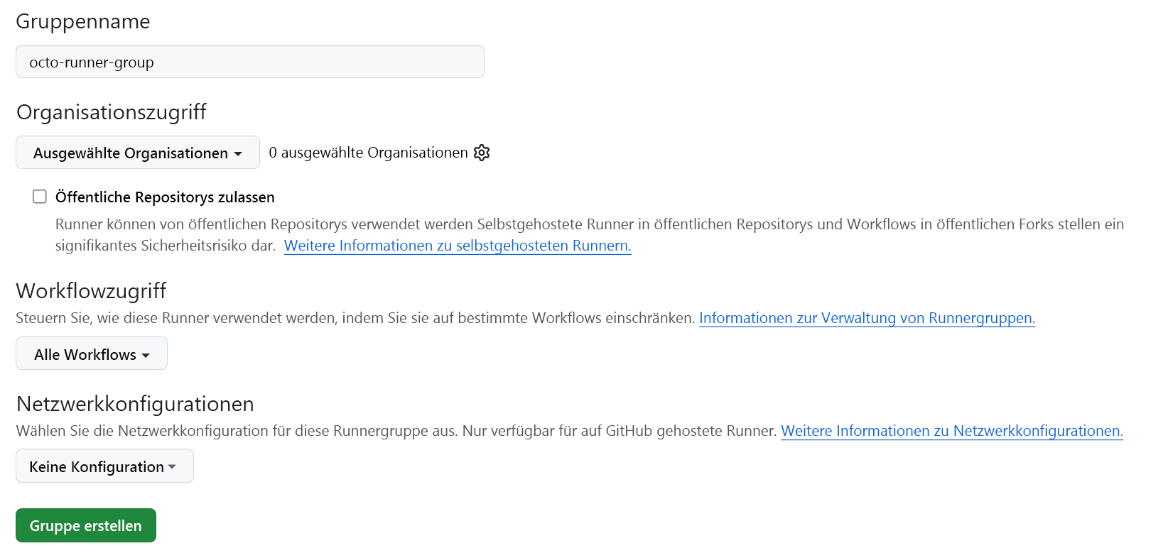 Screenshot: Bildschirm „Neue Gruppe“ mit Gruppennamenbeispiel für alle Organisationen