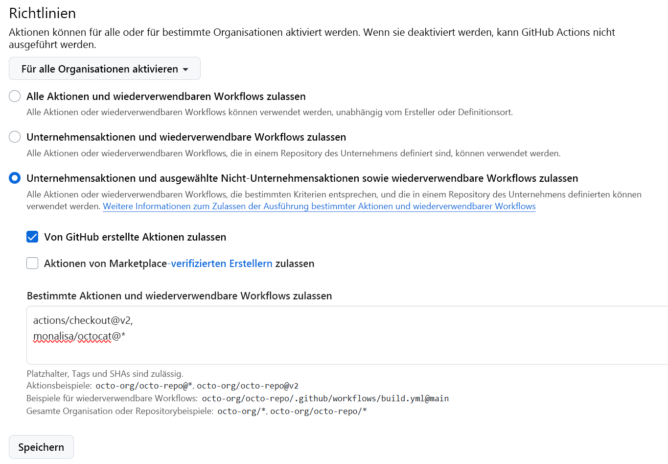 Screenshot: Bildschirm „Aktionen“ mit ausgewählter Option „Ausgewählte Aktionen zulassen“.