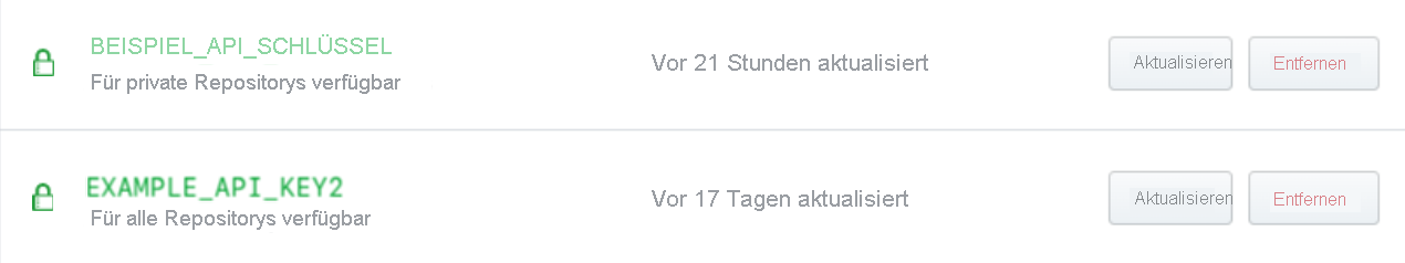 Beispiel für verschlüsselte Geheimnisse mit angezeigter Zugriffsrichtlinie.