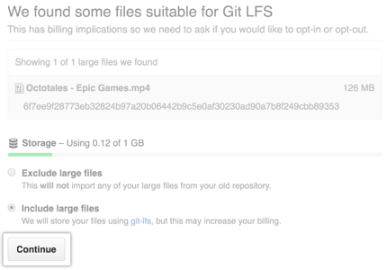 Screenshot: Dateien, die für den Import mit Git LFS geeignet sind