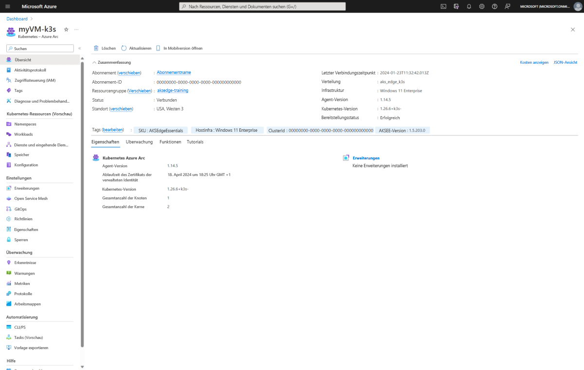 Screenshot of AKS Edge Essentials Kubernetes Azure Arc resource in Azure portal.