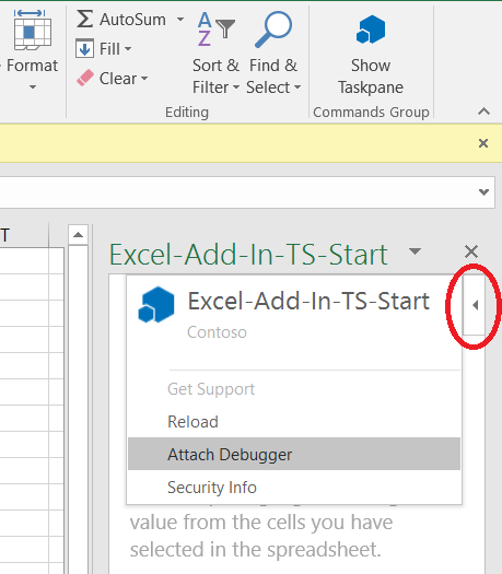 Screenshot des Persönlichkeitsmenüs mit Anzeige des Elements „Debugger anhängen“ in Excel unter Windows.