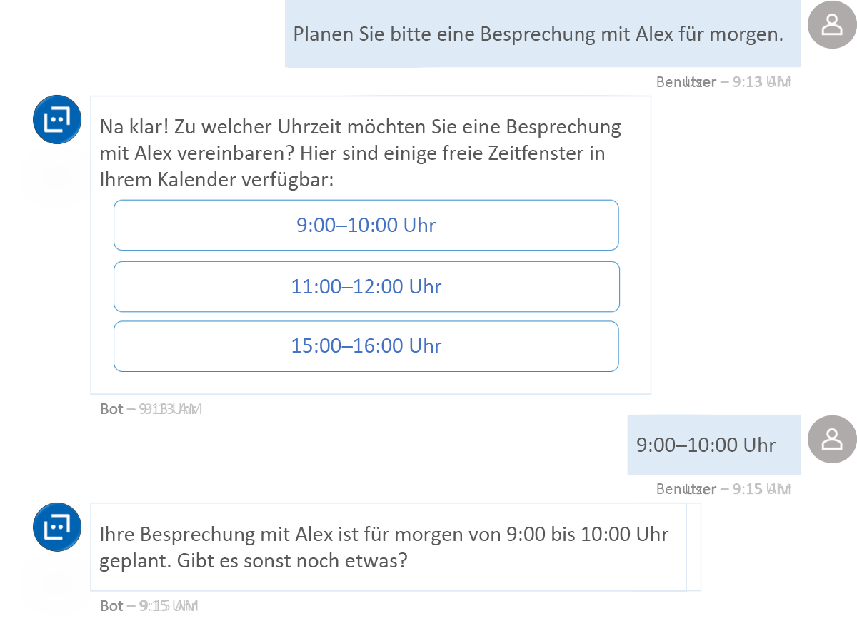 Screenshot, der einen Chatbot zeigt, der die Outlook-Kalender-API von Microsoft Graph als Produktivitätslösung verwendet.