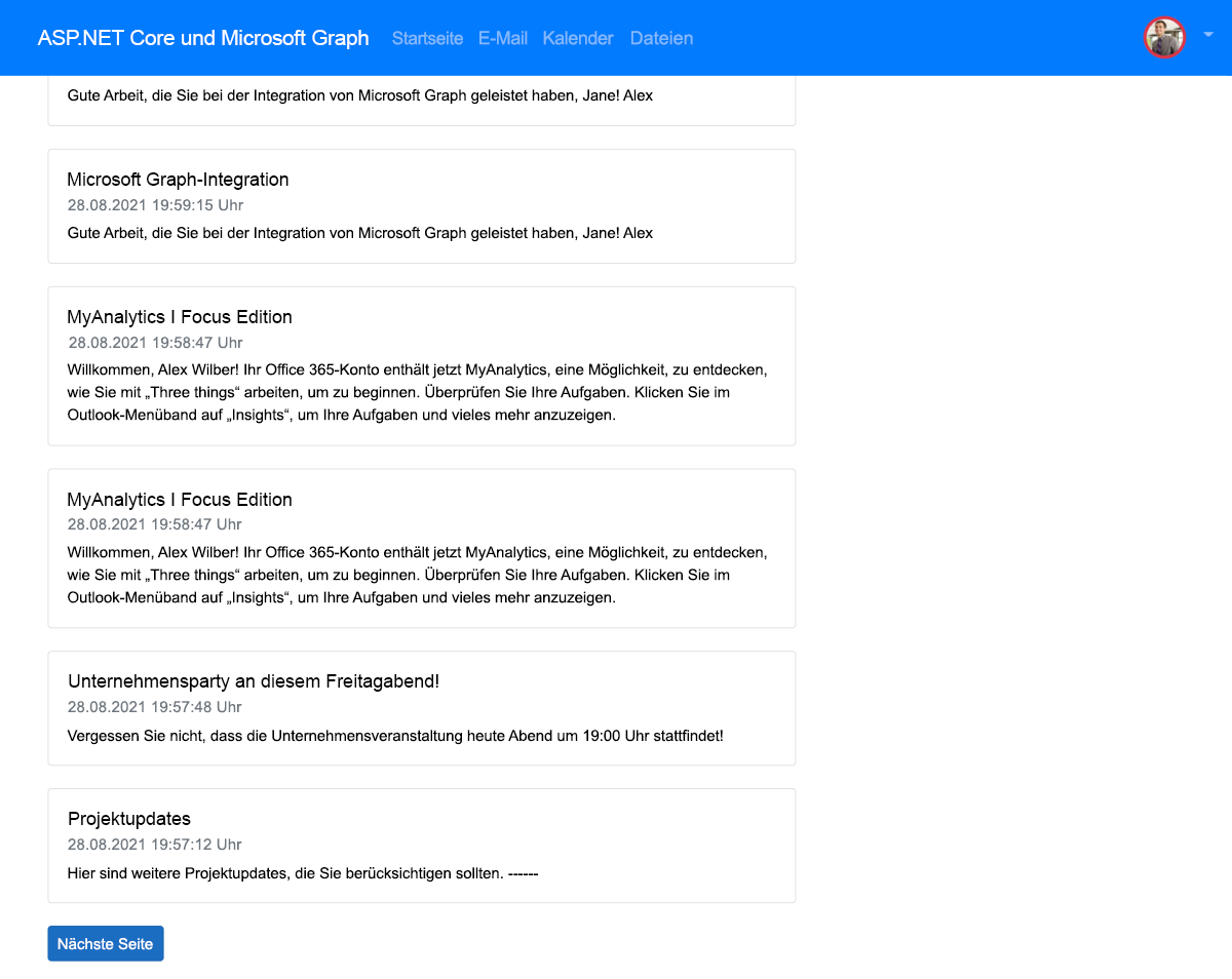 Seite mit E-Mail-Nachrichten, die von Microsoft Graph abgerufen wurden