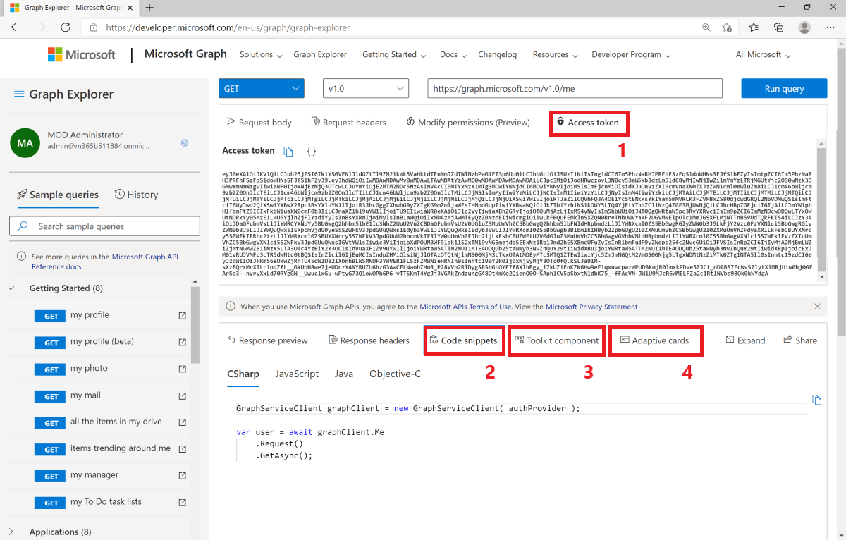 Screenshot, der zeigt, wie Microsoft Graph in Ihren Apps mithilfe von Graph-Tester verwendet wird.