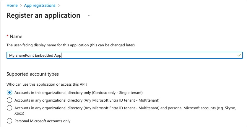 Screenshot: Erstellen einer neuen Microsoft Entra ID-Anwendung mit nur einem Mandanten