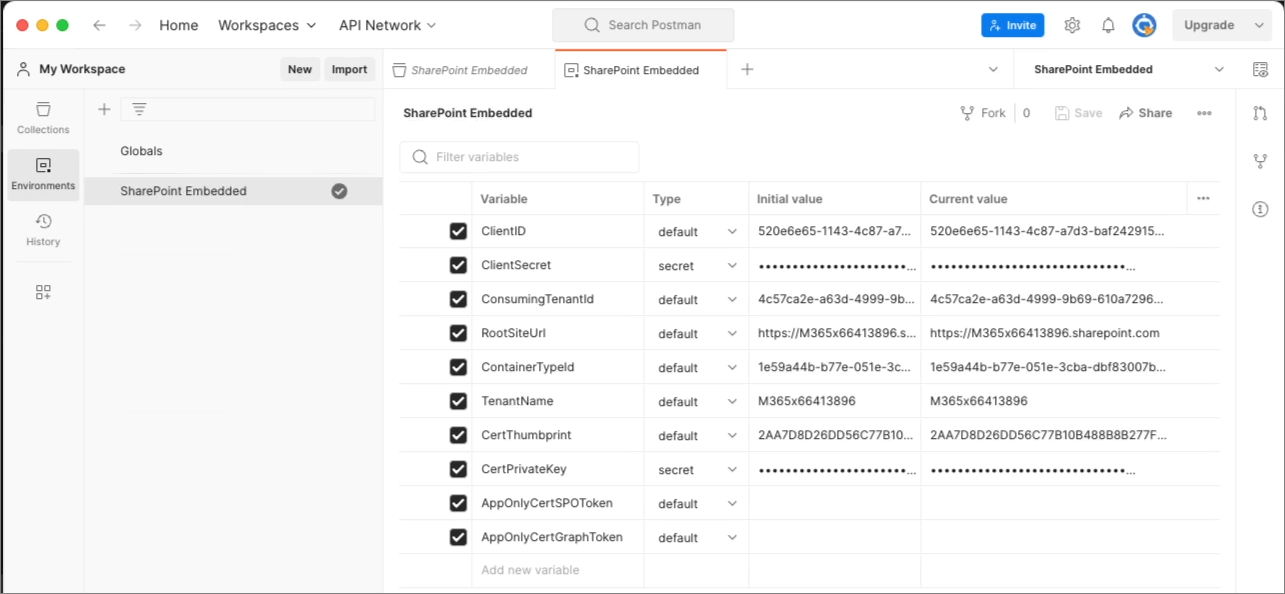 Screenshot der Postman-Umgebungswerte für die SharePoint Embedded-Sammlung.