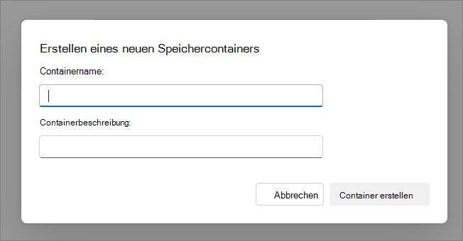 Screenshot des Dialogfelds zum Erstellen eines neuen Containers.